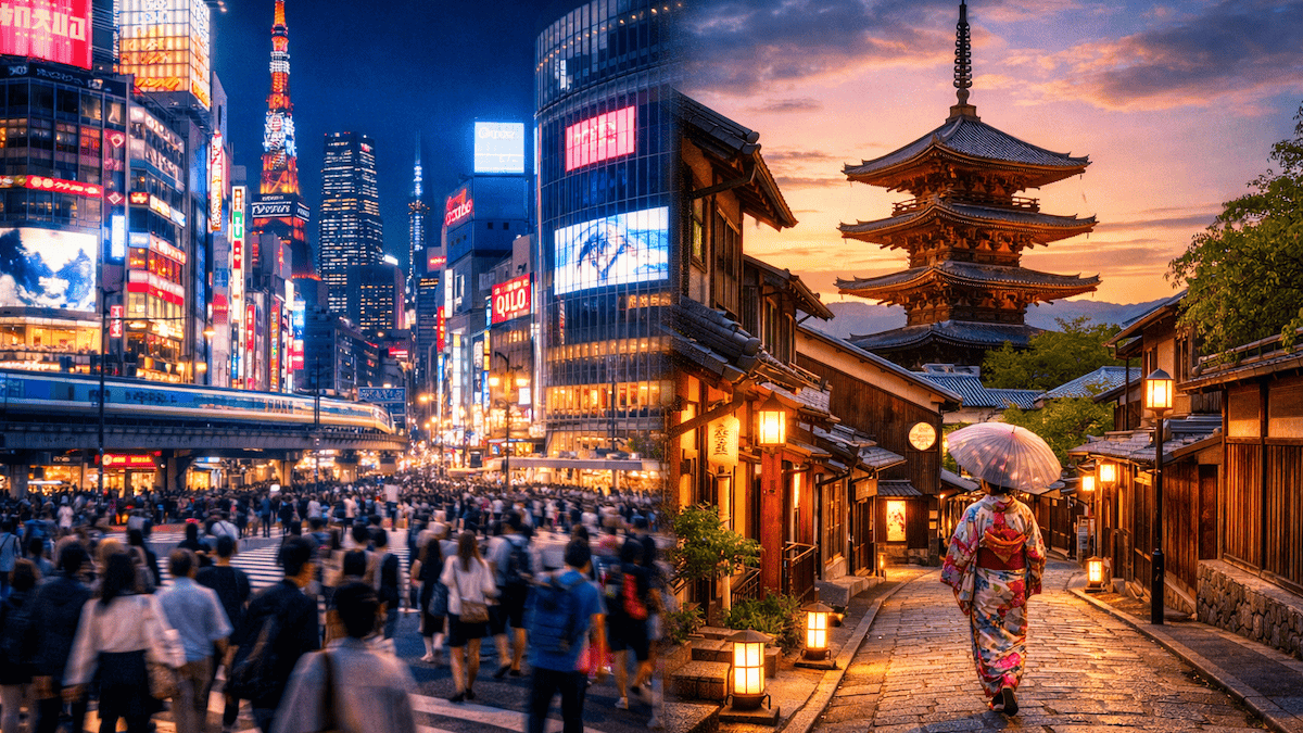 Tokio mit Neonlichtern und Menschenmassen im Vergleich zu ruhigen Gassen und Tempeln in Kyoto