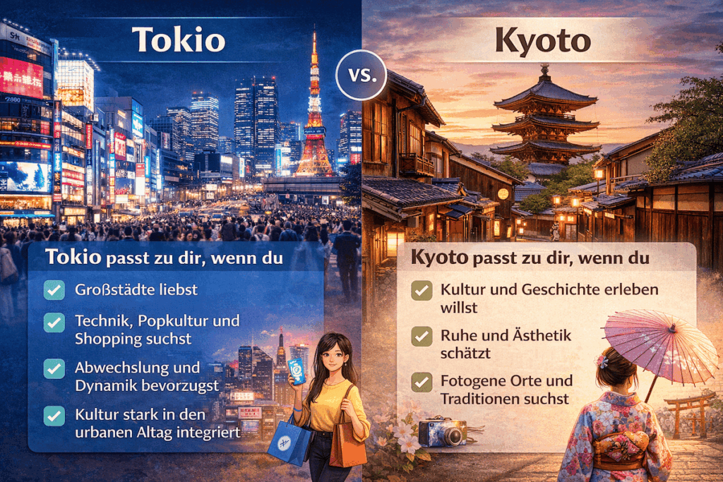 Vergleichsgrafik Tokio vs. Kyoto – Großstadt, Technik und Dynamik gegenüber Kultur, Ruhe und Tradition