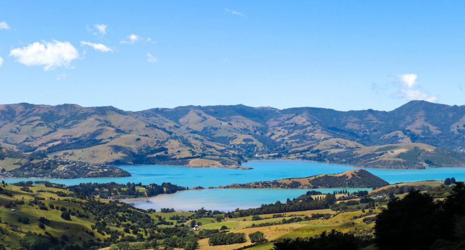 Luftaufnahme des Akaroa Harbors mit grünen Hügeln und Bucht auf Neuseelands Südinsel